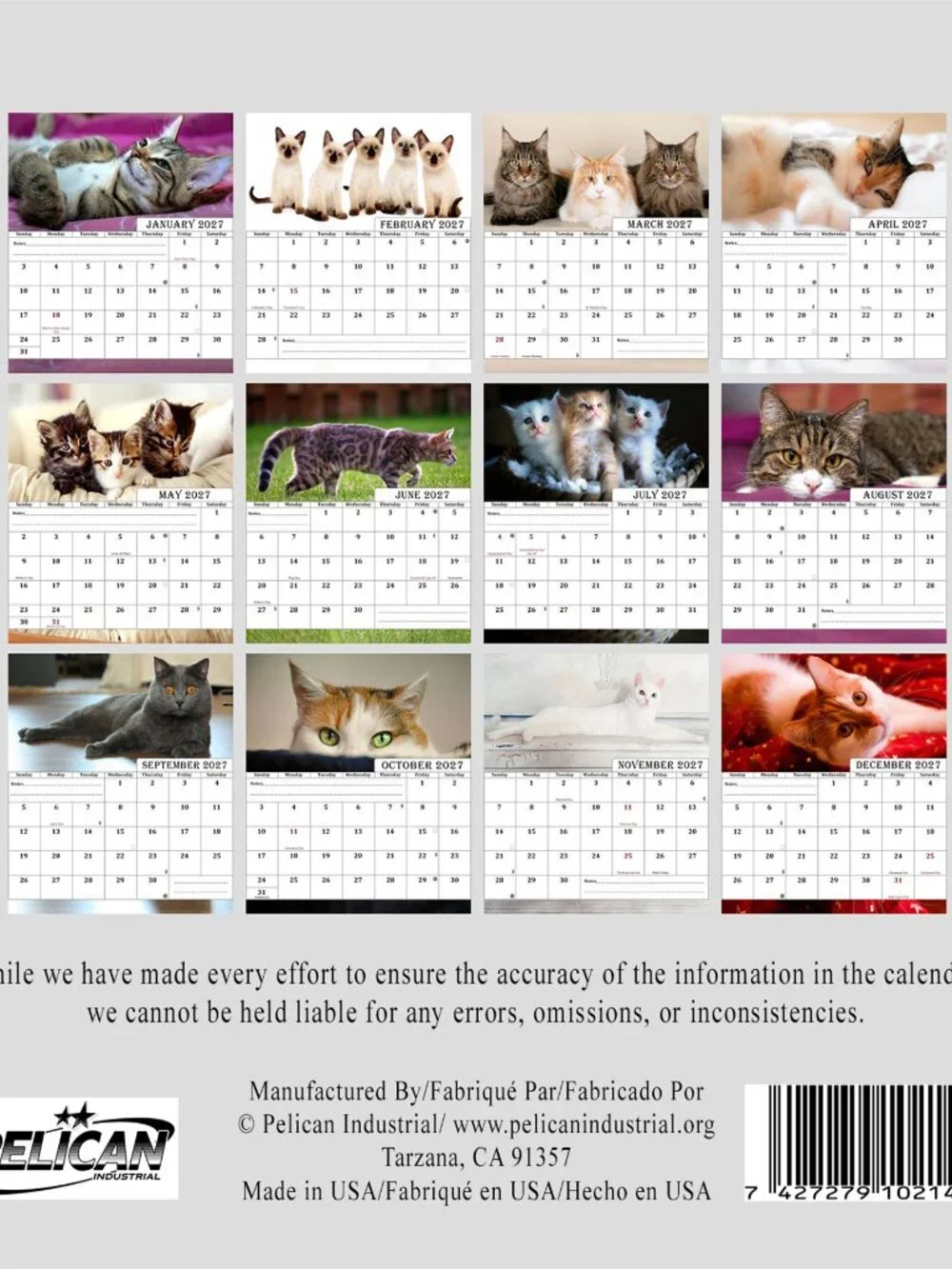 2027-12 Months Desk Calendar Desktop Planner with To-Do List (Cats)